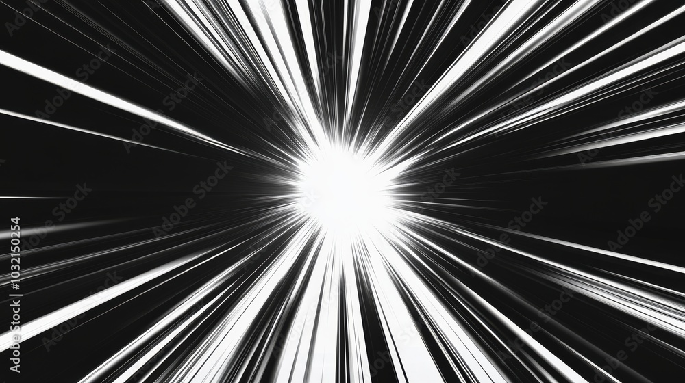 Poster abstract light speed motion background featuring white lines converging on a bright light source at 