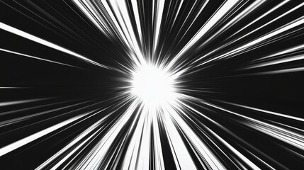 Abstract light speed motion background featuring white lines converging on a bright light source at the end of a dark tunnel