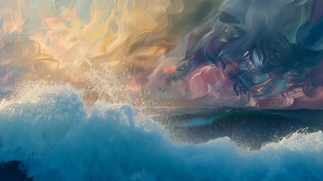 Ocean waves under a dramatic sunset sky, impressionist art style. Nature and tranquility concept.