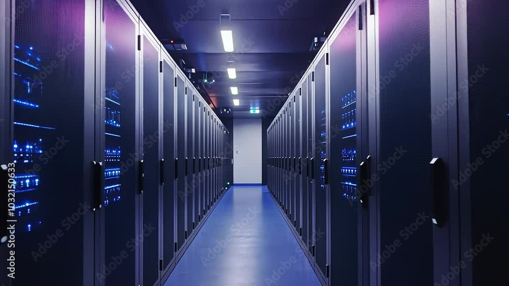 Poster high-end data center with rows of servers