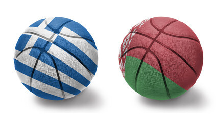 basketball balls with the national flags of greece and belarus on the white background.