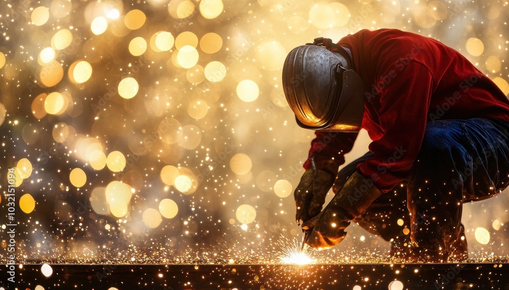 Poster welder working on metal with sparkling bokeh background in an industrial setting