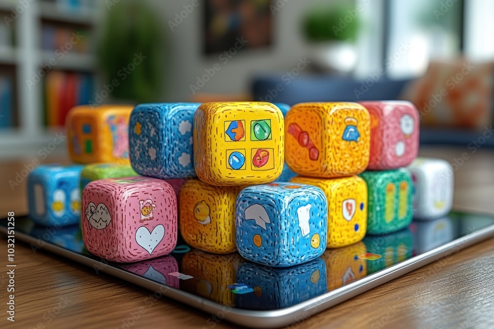 Poster colorful dice with different symbols on them are stacked on top of a tablet.