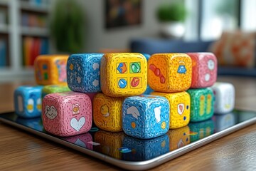 Colorful dice with different symbols on them are stacked on top of a tablet.