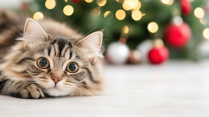 fluffy cat with large eyes lies on smooth surface, gazing curiously at festive decorations in background. warm glow of holiday lights creates cozy atmosphere