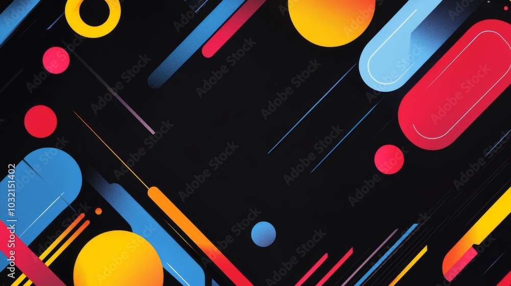 Poster modern abstract background with colorful geometric shapes overlapping on black, ideal for websites, 