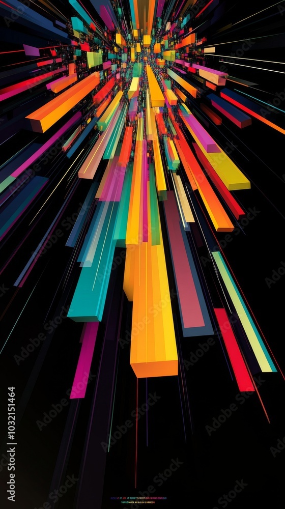 Poster abstract composition with colorful three dimensional bars converging on a vanishing point, dynamic p