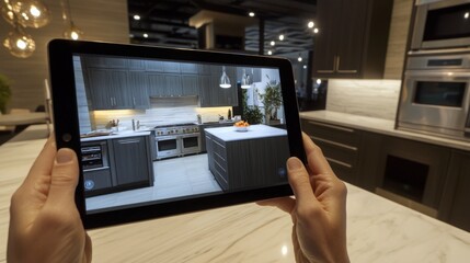 A person is holding a tablet in their hands, the screen showing a virtual tour of a modern kitchen. The kitchen has stainless steel appliances and dark cabinets, and is lit by overhead lights.
