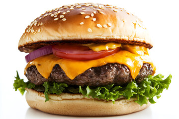 Juicy cheeseburger with melted cheddar isolated on white background