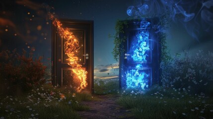 fantasy doors, fire and ice, magical landscape, striking contrast, mystical atmosphere