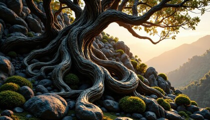 Ancient tree with twisted roots exposed, growing out of a rocky hillside, with soft moss covering the base and the golden light of dusk filtering through the branches
