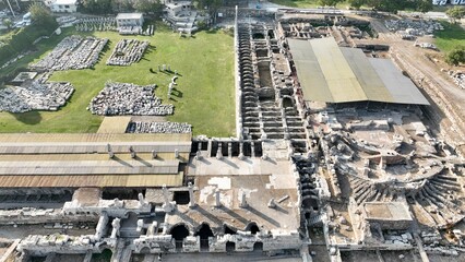 Izmir agora ancient city - high quality aerial view of izmir agora from drone - smyrna agora