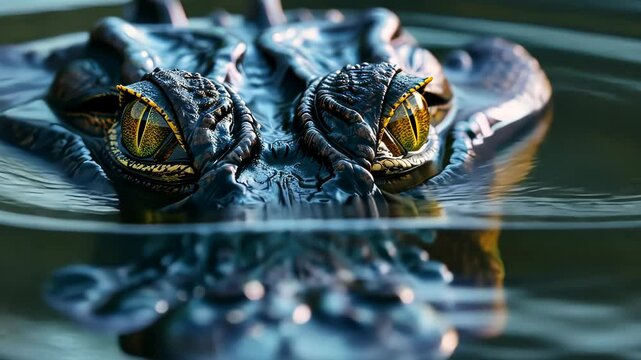 Alligator with piercing eyes in water, close-up reflection. Wildlife and nature concept.