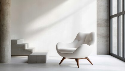 Modern minimalist interior featuring a white armchair by natural light and stairs