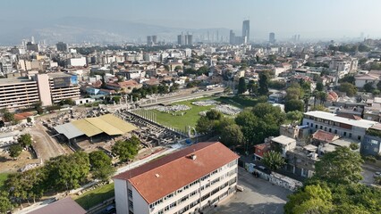 Izmir agora ancient city - high quality aerial view of izmir agora from drone - smyrna agora