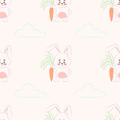 Seamless pattern featuring a cute rabbit and a carrot on a pink background. Vector illustration