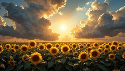 Fototapeta premium Golden sunflower field stretching towards the horizon under a dramatic sky filled with towering cumulus clouds, lit by the late afternoon sun