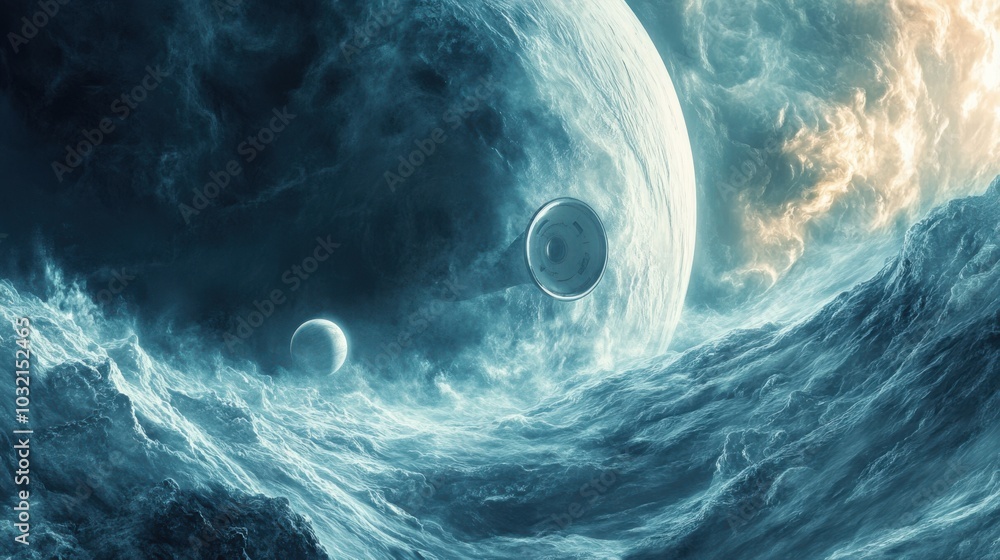 Poster a deep space probe capturing close-up images of an alien moon, with a giant planet and its swirling 