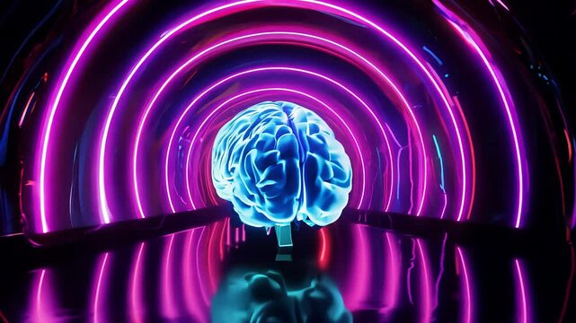 Neon brain assembling in glowing light