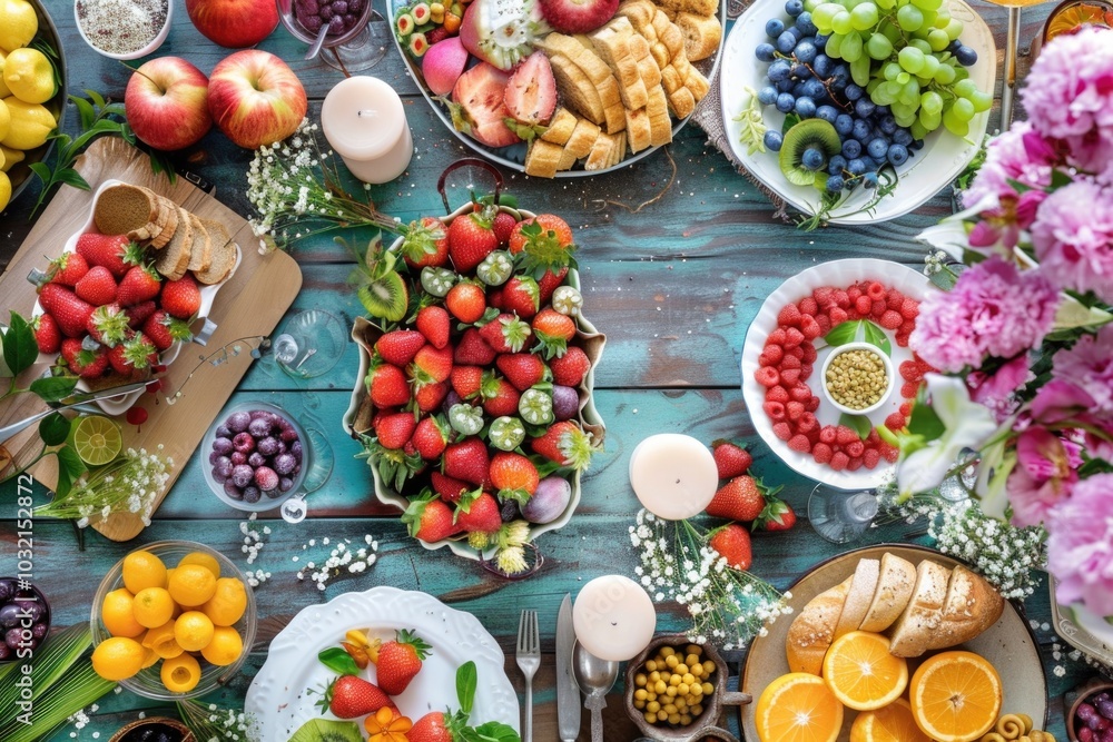 Poster a colorful array of fresh fruits and vegetables displayed in a table setting