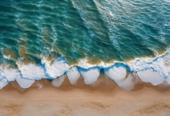 Fototapeta premium Sea shot from above. Beach, sand, ocean, waves. Beautiful summer landscape, surfing, vacation, rest, water, swimming