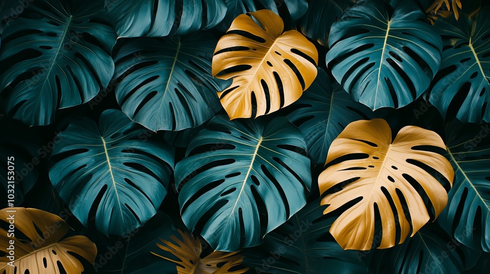 Poster large green and gold tropical leaves create an elegant natural background with a repeating pattern, 