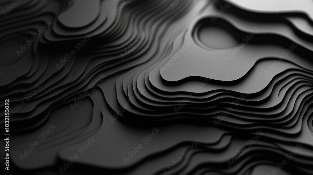 Poster black topographic contour map is forming a 3d landscape with smooth shadows, creating a minimalist a