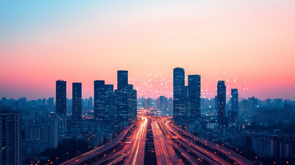 A stunning skyline at sunset, showcasing modern skyscrapers and a vibrant cityscape. The warm hues of twilight blend seamlessly with the urban landscape.