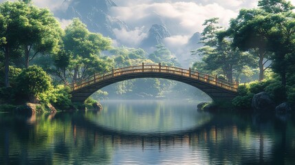 A serene landscape featuring a wooden bridge over a tranquil lake surrounded by lush greenery.