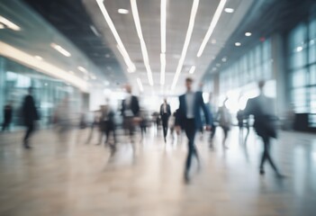 Blurred silhouettes of people at the airport. Spacious room, businessman, business. People in suits rushing to work