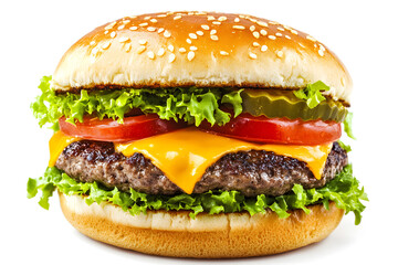 Juicy cheeseburger with melted cheddar isolated on white background