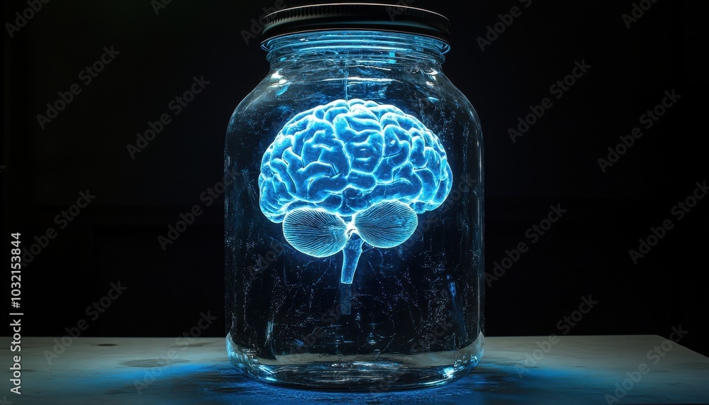 Poster a glowing artificial intelligence brain displayed in a jar on a dark surface at night