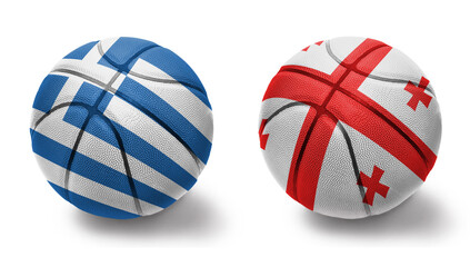 basketball balls with the national flags of greece and georgia on the white background.