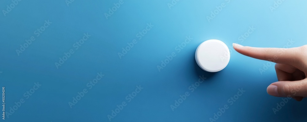 Poster finger is about to push a white button on a blue background. this image evokes the concepts of makin