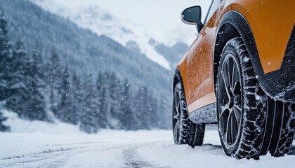 Orange car equipped with winter tires driving on a snowy road in winter landscape