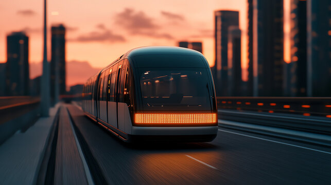 Futuristic tram on an urban road during sunset, showcasing modern transportation technology with a vibrant city skyline in the background.