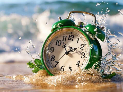 A vintage green alarm clock partially submerged in the ocean, symbolizing the passage of time amidst nature's beauty.