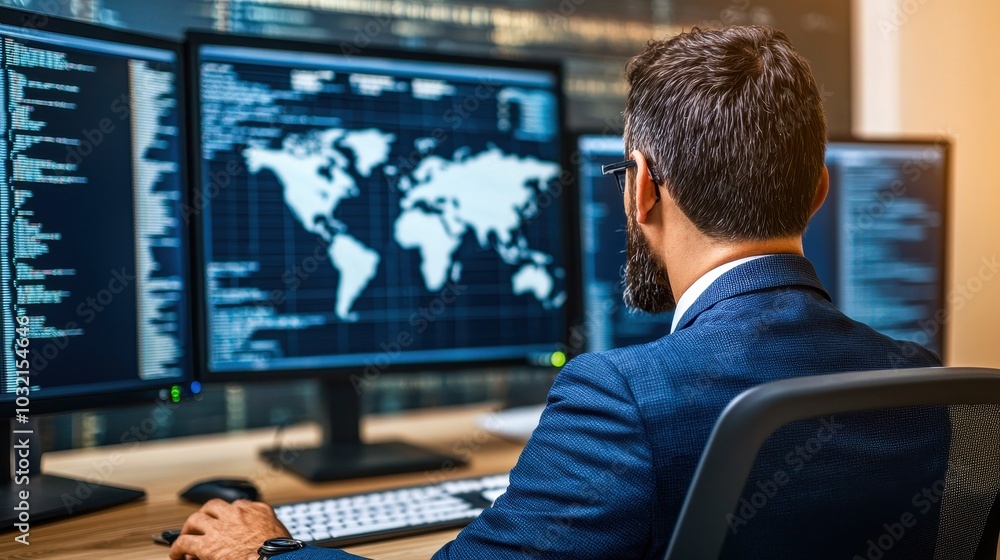 Poster business professional analyzing global data on multiple screens in a modern office environment.