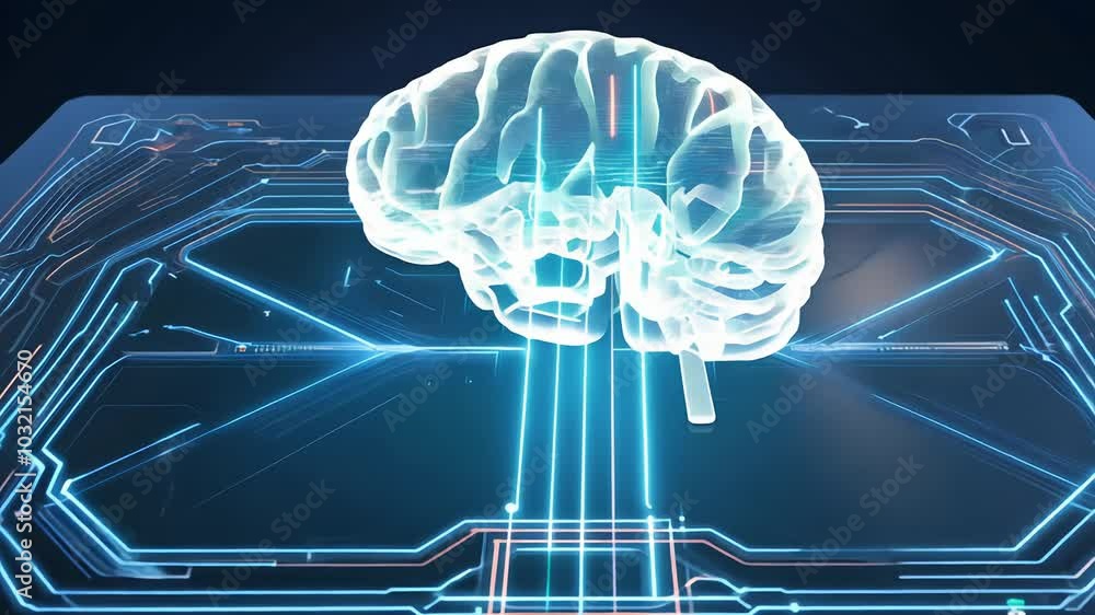 Poster brain with glowing neural pathways over circuit board