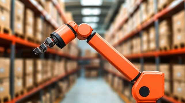 Warehouse operations, Warehouse operations utilize collaborative robots (cobots) that An orange robotic arm in a warehouse setting.