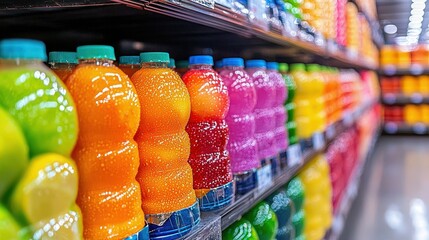 Warehouse operations, A cold storage warehouse optimizes operations. Colorful display of refreshing bottled drinks arranged on store shelves.