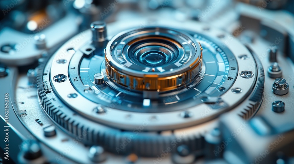 Poster a close-up of a complex, futuristic machine with gears and a central lens.