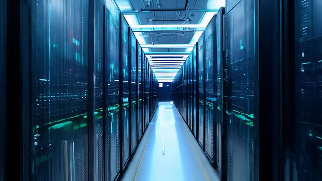 Glowing futuristic data center with streaming data