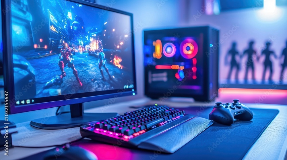 Poster gaming setup featuring a monitor, keyboard, and game controller with vibrant lighting in a modern ro