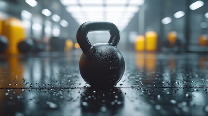 Fototapeta premium A lone kettlebell sits on a wet gym floor. Perfect for showcasing fitness and workout themes.
