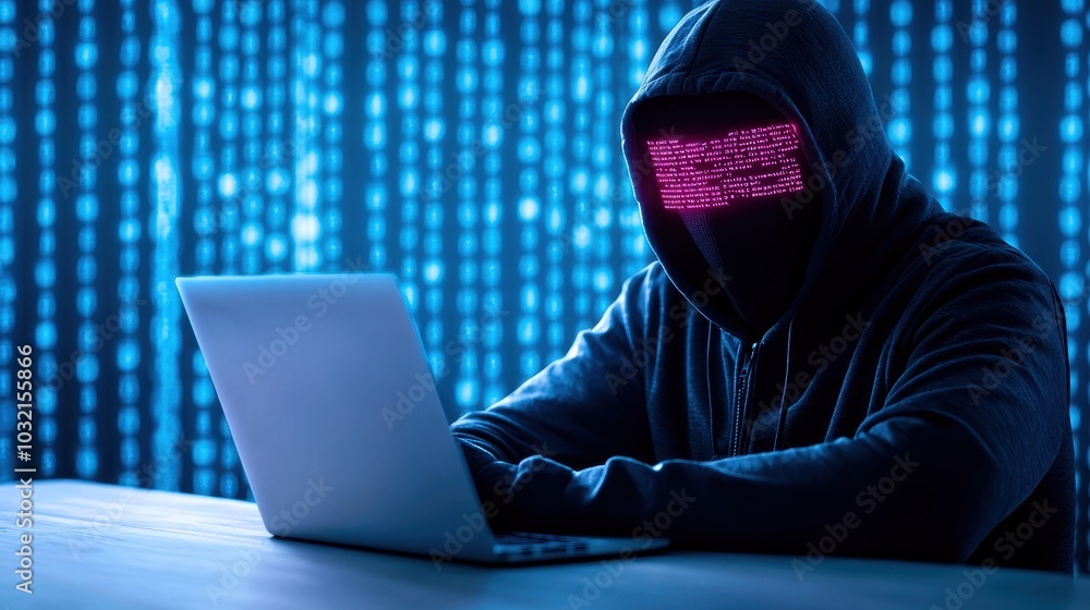 Poster hacker with laptop in dark environment