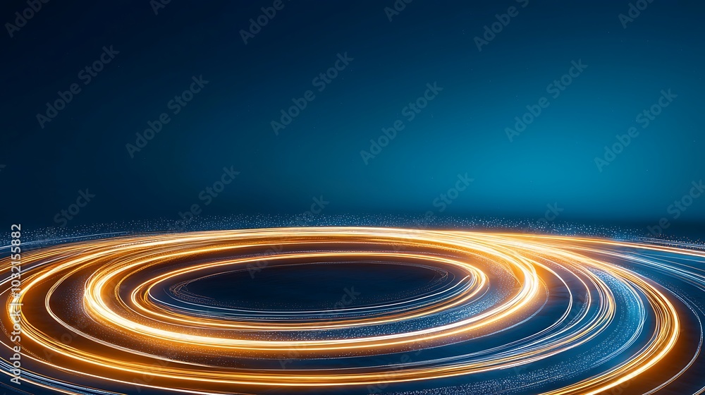 Poster This image features dynamic circular light trails on a deep blue background, creating an abstract and futuristic visual effect perfect for technology-related themes.