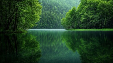 Lush green forest reflecting on the calm surface of a serene lake, surrounded by misty hills and creating a peaceful and natural landscape