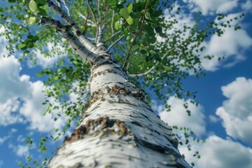 Fototapeta premium A single birch tree with green leaves stands out against a bright blue sky