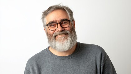 Obraz premium Cheerful mature man with a beard wearing a sweatshirt against a white background